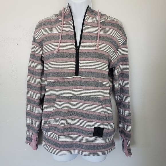 Ampersand Avenue & Ave Women's Medium Quarter Zip Hooded Jacket Stripes Red BW - Picture 1 of 8